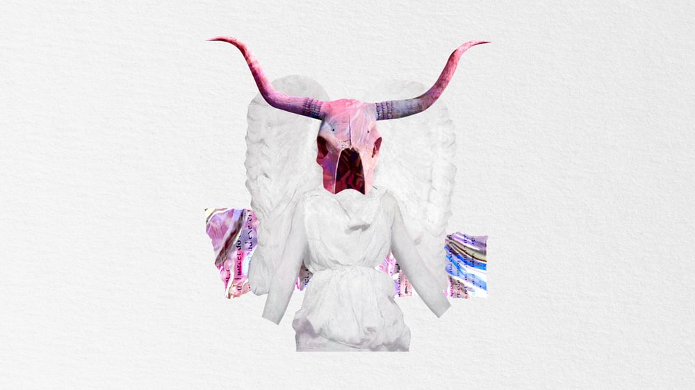 Editable anthropomorphic angel with longhorn mask collage art, desktop wallpaper