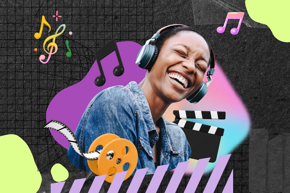 Woman listening to music, entertainment, hobby remix, editable design