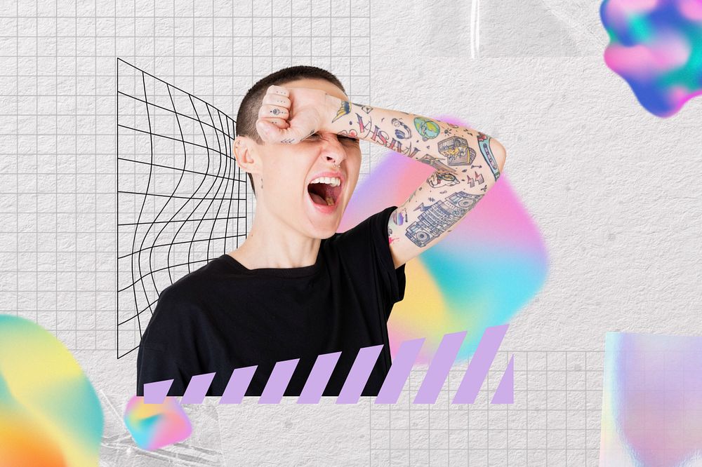 Tired tattooed woman yawning, creative remix, editable design