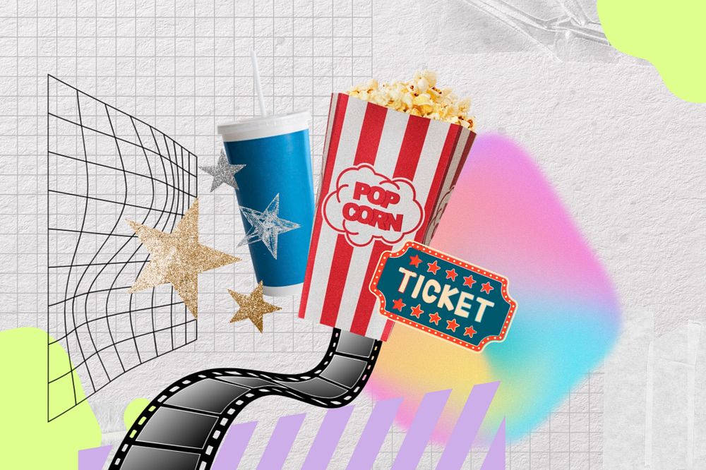 Popcorn, drink & movie, creative entertainment remix, editable design