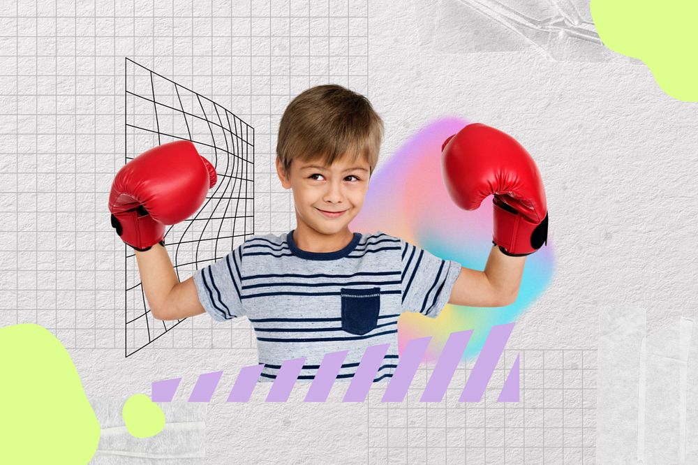 Boy wearing boxing glove, sport hobby remix, editable design