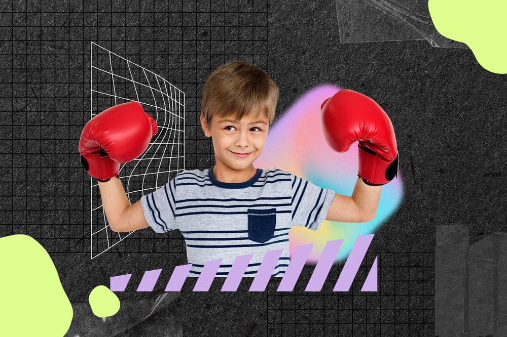 Boy wearing boxing glove, sport hobby remix, editable design