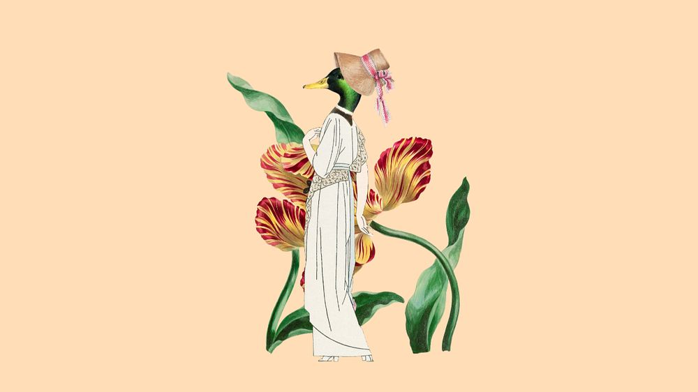 Editable duck in bonnet and flower anthropomorphic collage art, desktop wallpaper