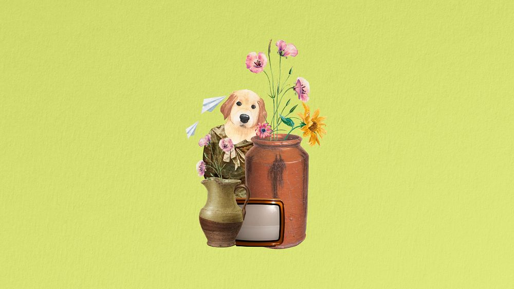 Editable puppy anthropomorphic dog remix collage art, desktop wallpaper