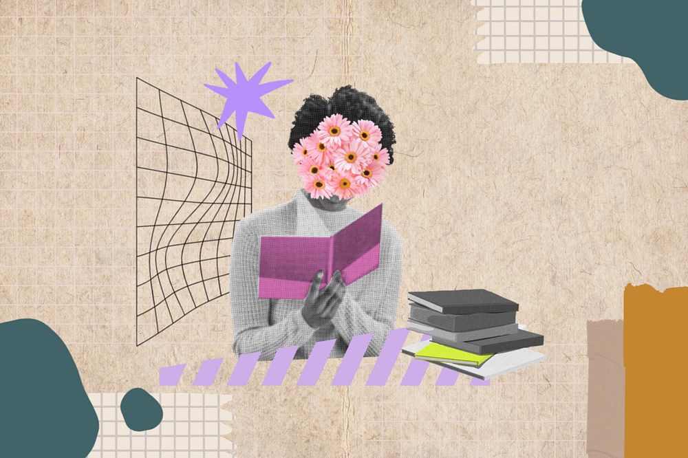 Woman reading book, creative education remix, editable design