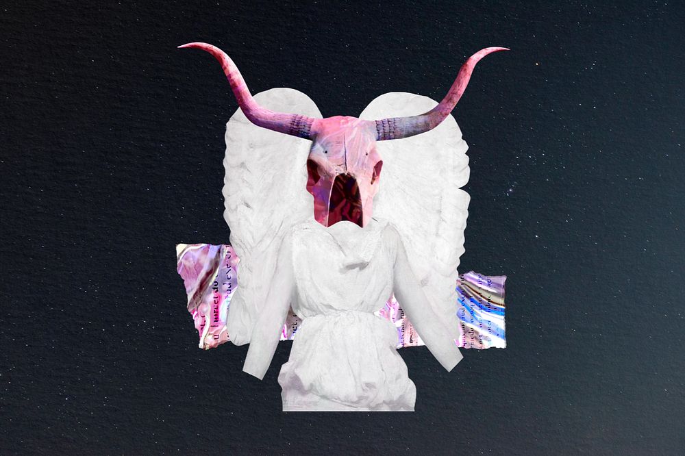 Editable anthropomorphic angel with longhorn mask collage art 