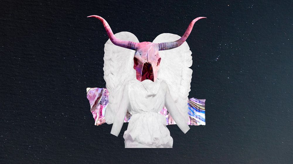 Editable anthropomorphic angel with longhorn mask collage art, desktop wallpaper