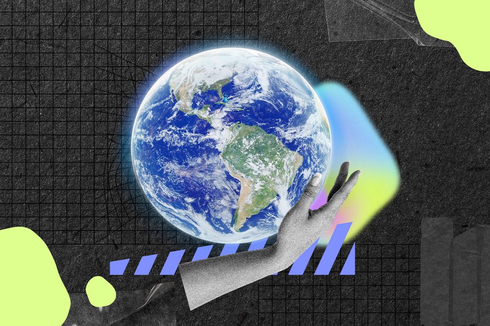 Hand presenting globe, environment remix, editable design