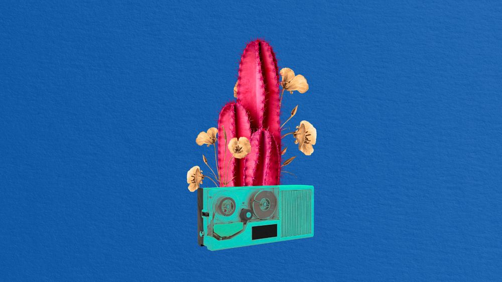 Editable retro cactus and VHS collage, desktop wallpaper