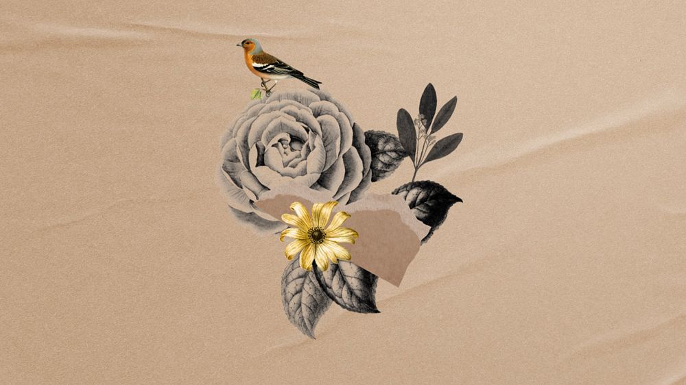 Editable bird and flower Ephemera collage element, desktop wallpaper