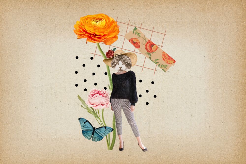 Editable anthropomorphic cat collage art, fashionable cat with flowers and butterfly 