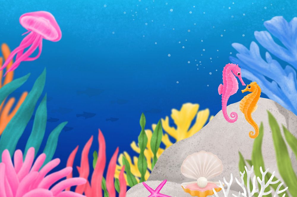 Coral reef, blue background, editable illustration border