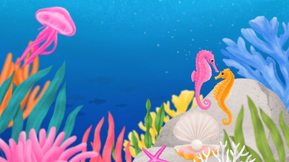 Coral reef, blue desktop wallpaper, customizable illustration background 