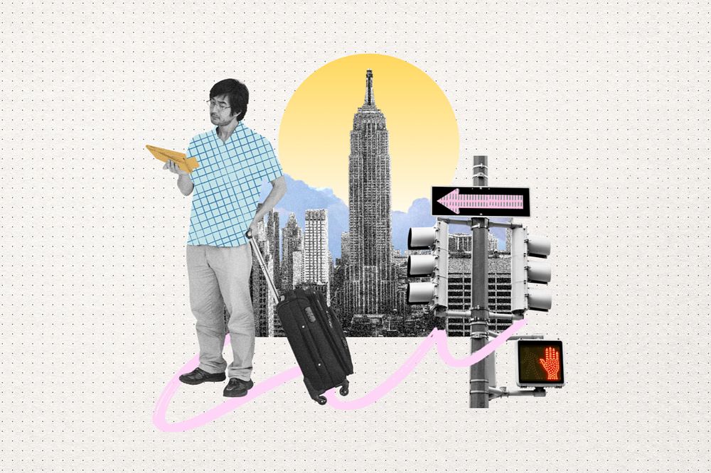 Traveling man with luggage, creative collage art, editable design