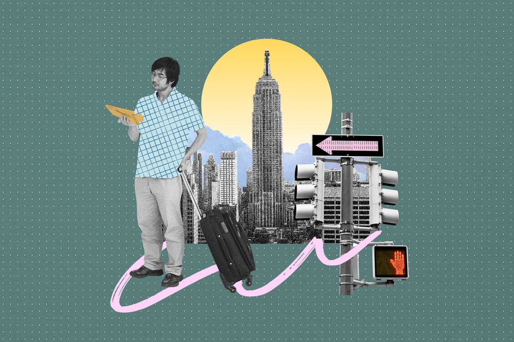 Traveling man with luggage, creative collage art, editable design