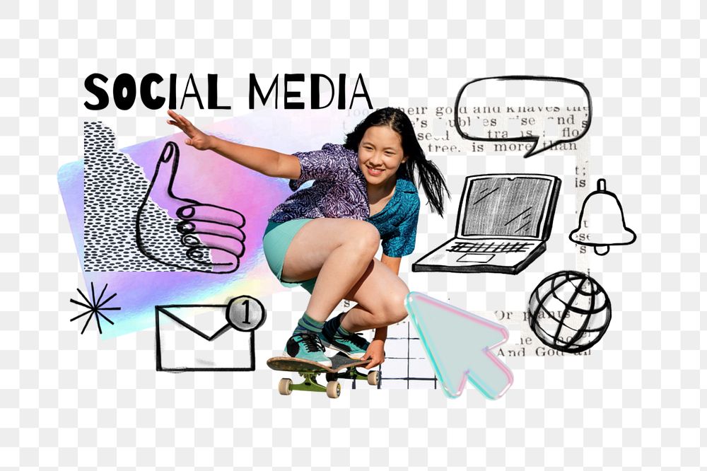 Social media png word, skater girl, digital doodle remix, editable design