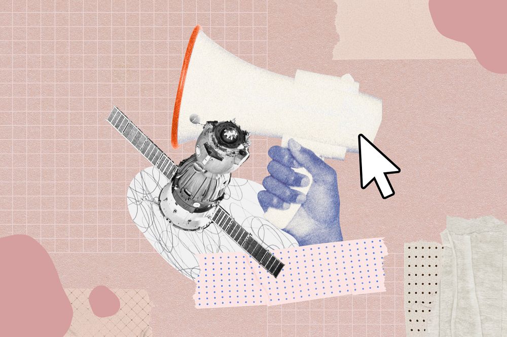 Megaphone satellite communication background, abstract paper collage, editable design