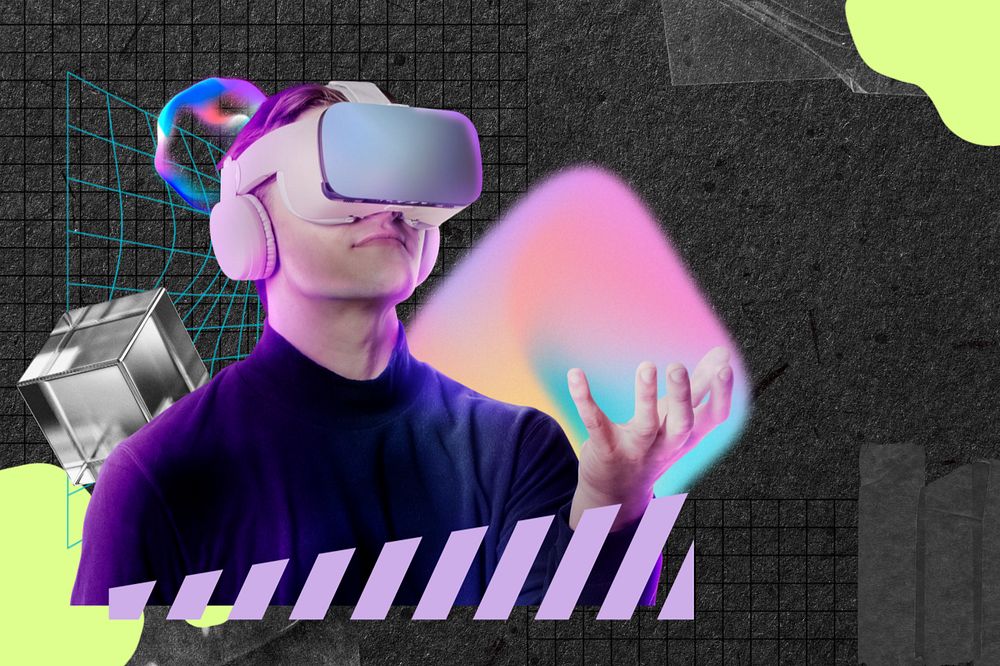 Man using VR, futuristic technology remix, editable design