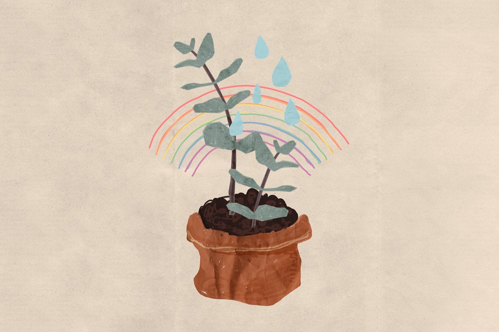 Rainbow watering plant background, editable design