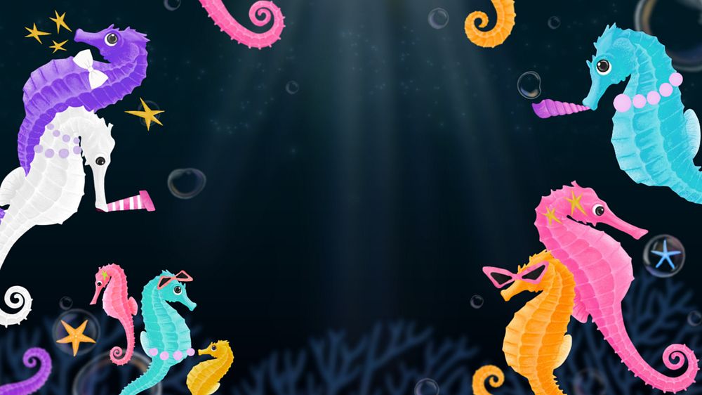 Seahorse party frame desktop wallpaper, customizable illustration background 