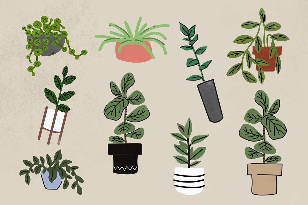 Houseplant doodle clipart, editable design set