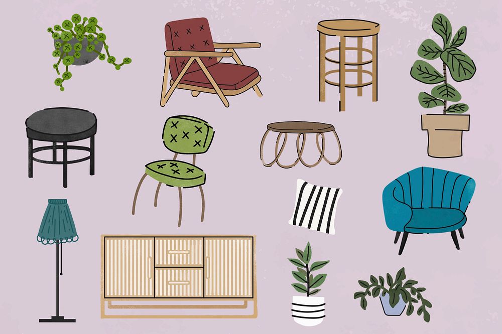 Furniture & plant clipart set, editable aesthetic doodle