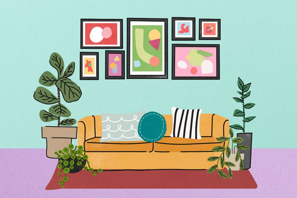 Retro living room, editable remix home interior design