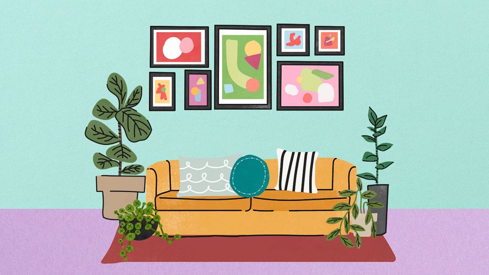 Retro living room desktop wallpaper, editable remix home decor design