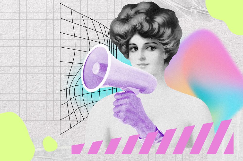 Woman holding megaphone, creative announcement remix, editable design