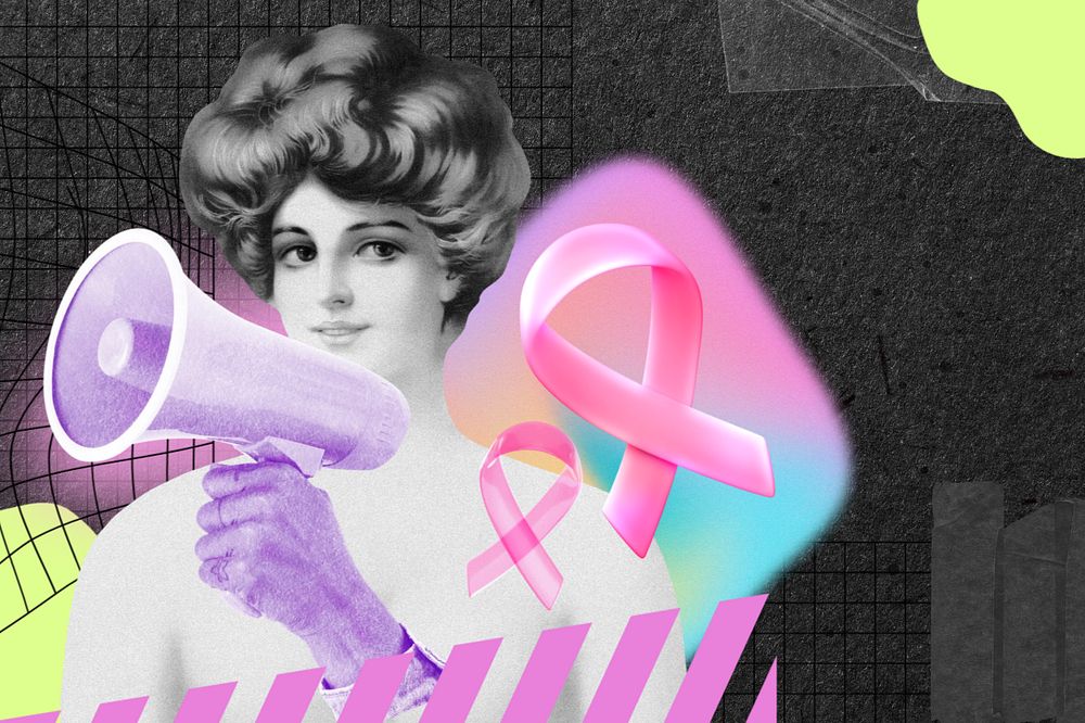 Breast cancer awareness remix, woman holding megaphone, editable design