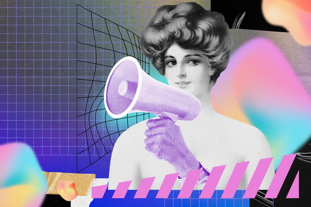 Woman holding megaphone, creative announcement remix, editable design