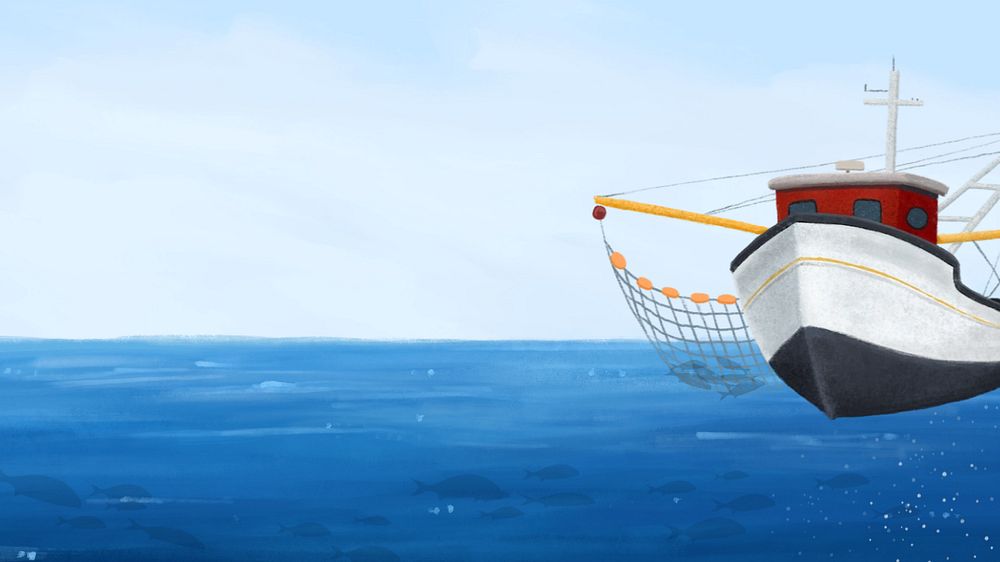 Fishing trawler, blue desktop wallpaper, customizable illustration background 