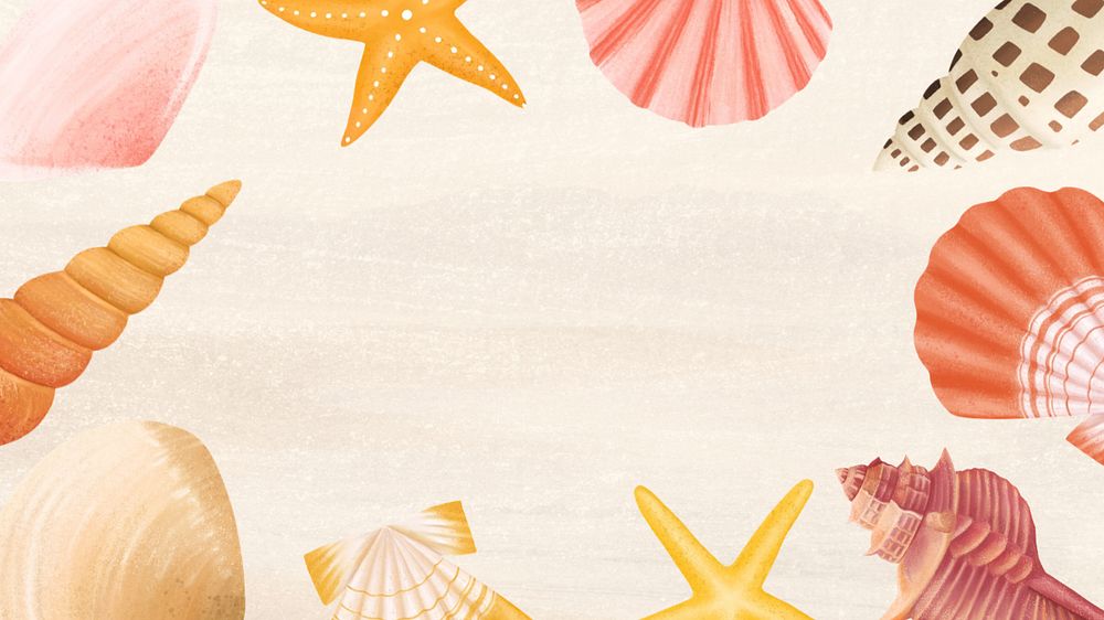 Seashell frame, sand desktop wallpaper, customizable illustration background 