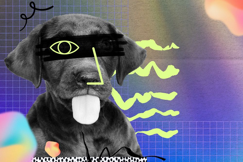 Funny dog background, abstract paper collage, editable design