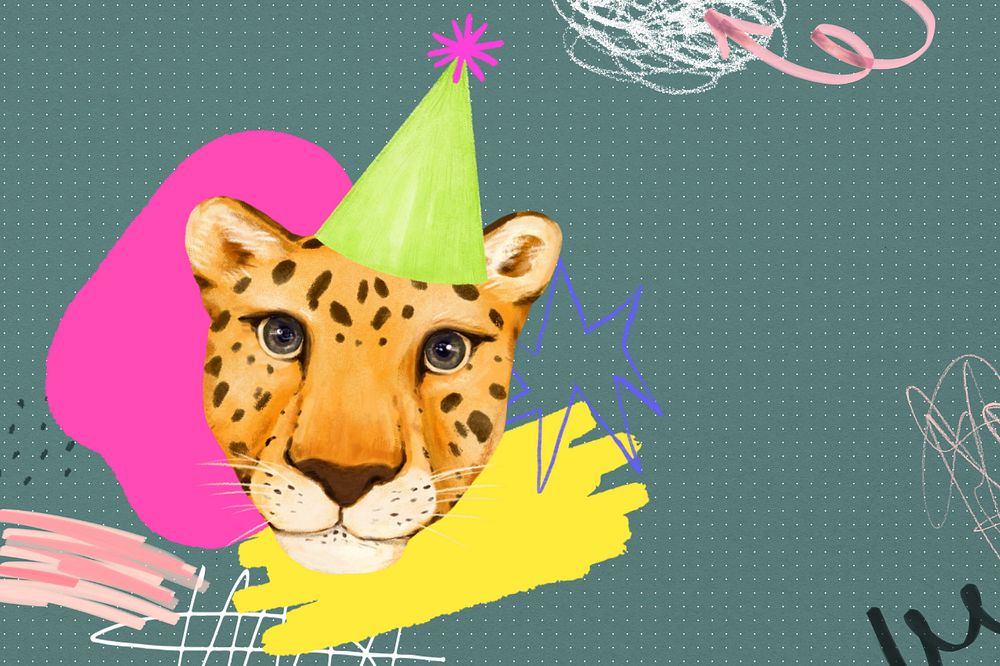 Birthday tiger background, animal collage art, editable design