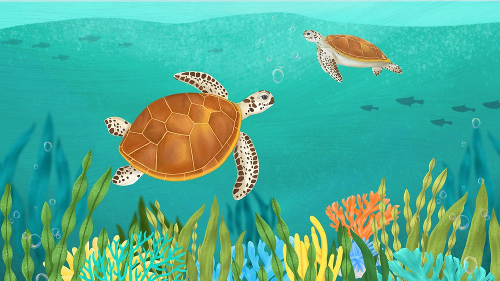 Sea turtles, green desktop wallpaper, customizable illustration background 