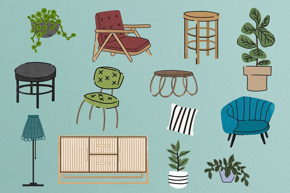 Furniture & plant clipart set, editable aesthetic doodle