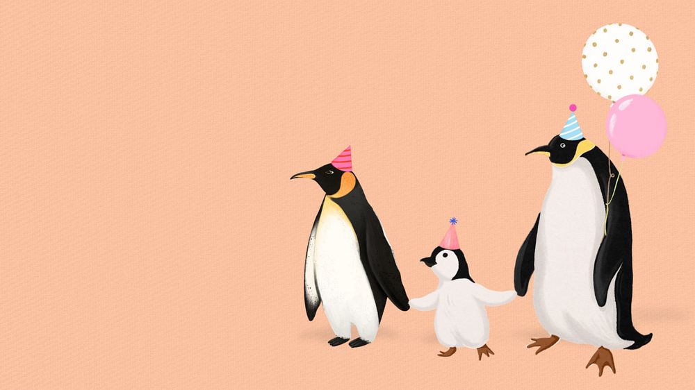 Birthday penguin family desktop wallpaper, customizable illustration background 