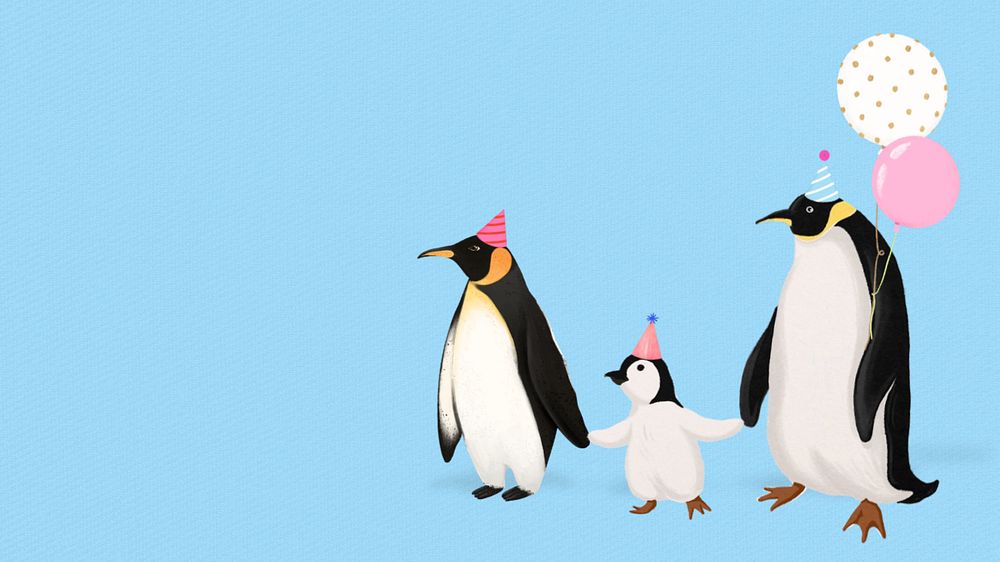 Birthday penguin family desktop wallpaper, customizable illustration background 