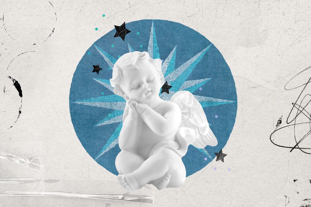 Editable ephemera cherub sculpture, aesthetic collage remix design