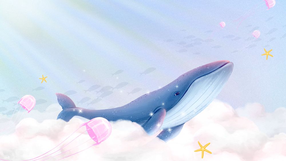 Fantasy cloud whale desktop wallpaper, customizable illustration background 