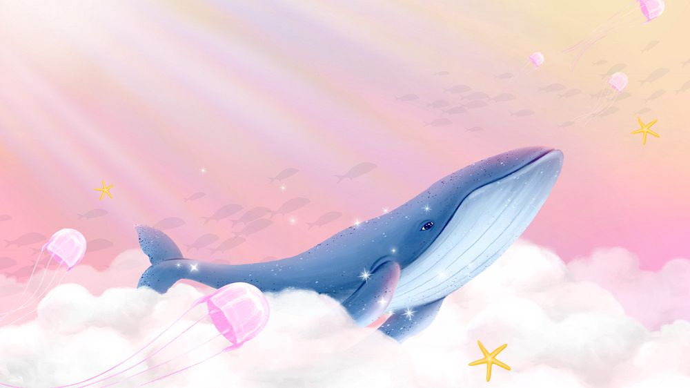 Fantasy cloud whale desktop wallpaper, customizable illustration background 