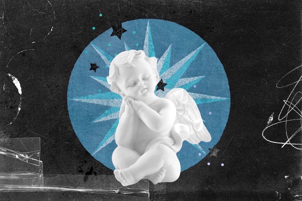 Ephemera cherub sculpture, editable aesthetic collage remix design