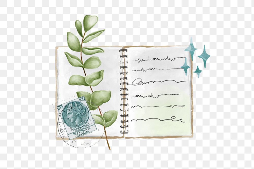 Aesthetic leaf notebook element png, editable doodle collage remix design