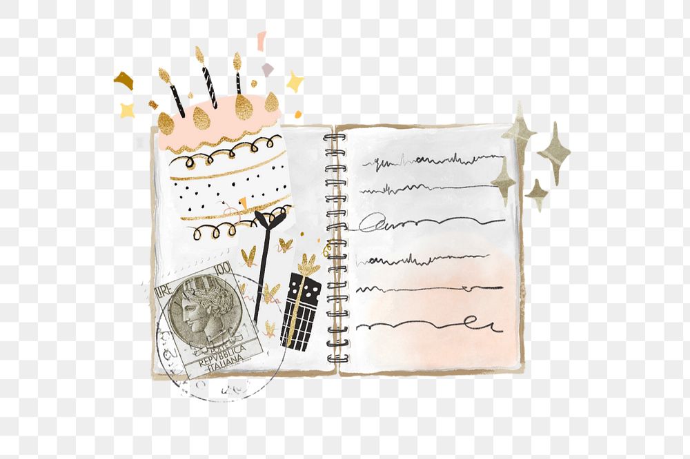 Aesthetic birthday notebook element png, editable doodle collage remix design