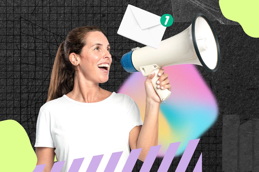 Woman holding megaphone background, holographic abstract collage, editable design