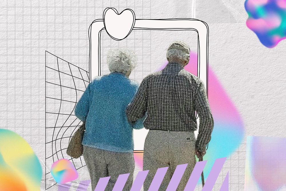 Old couple holographic background, abstract collage, editable design