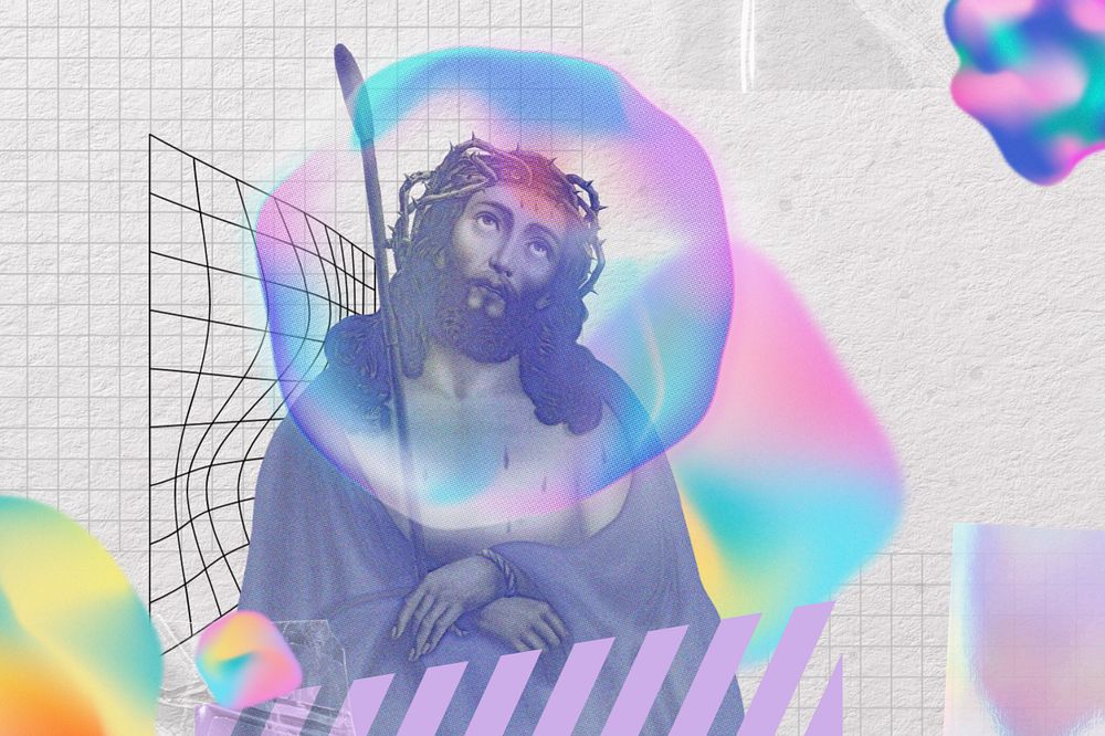 Jesus Christ holographic background, abstract collage, editable design