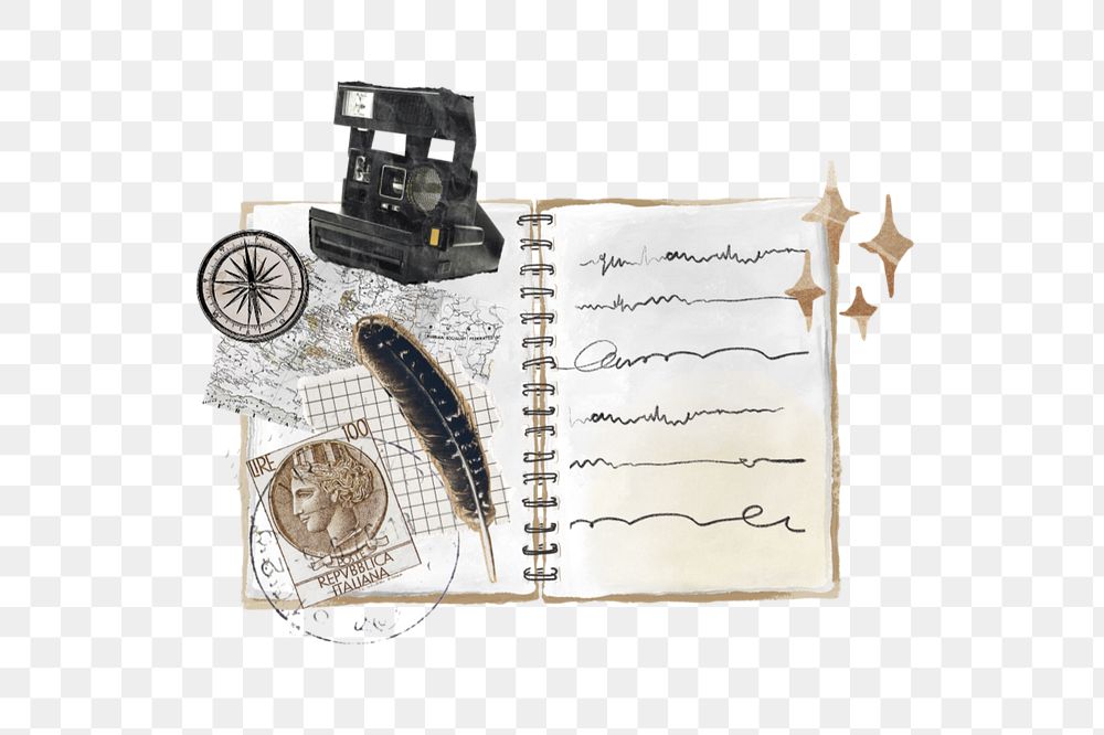 Aesthetic wanderlust notebook element png, editable doodle collage remix design