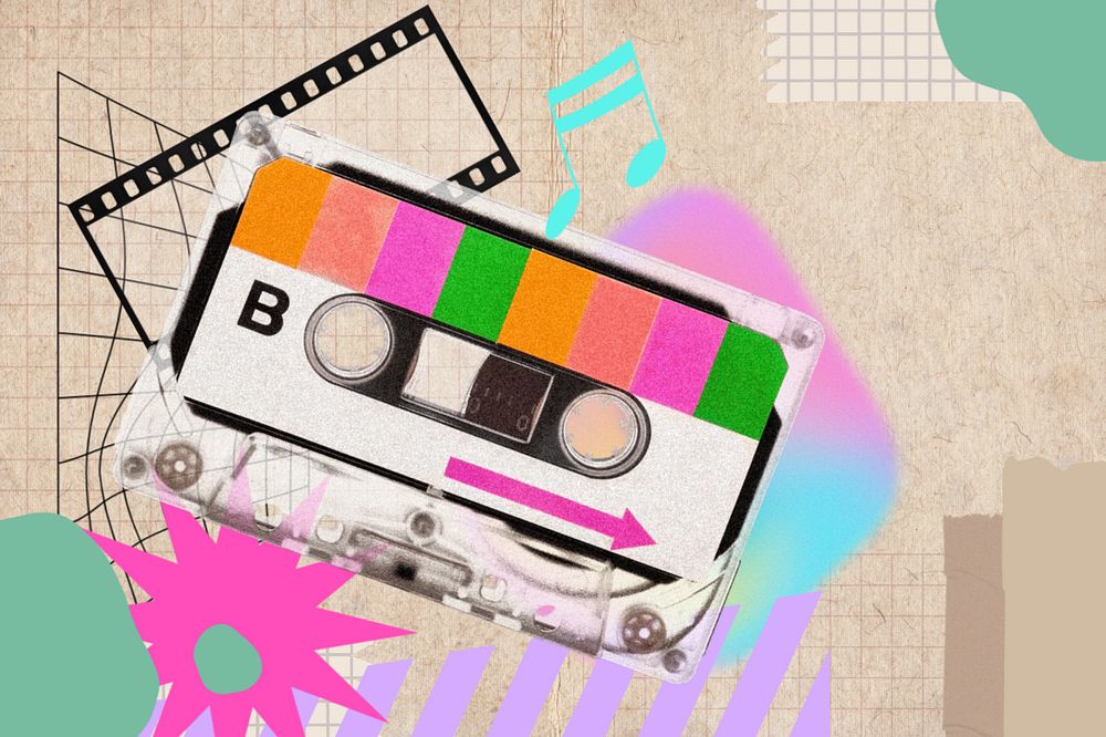 Colorful cassette tape background, music collage, editable design